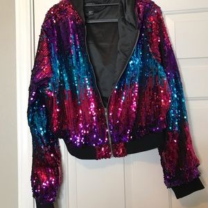 Sequins hooded bomber jacket